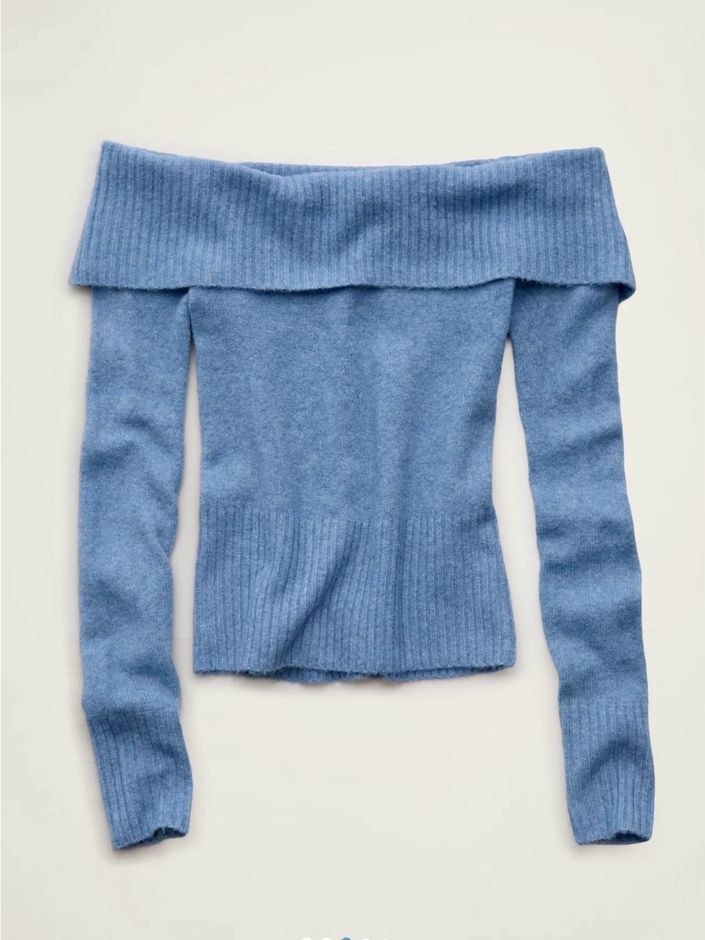 NWT American Eagle Soft Off-The-Shoulder Foldover Sweater L Blue Gray Wide Rib